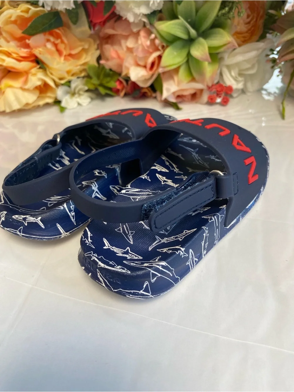 Nautica Boys Shark Print Logo Slingback Water Sandals Navy Red Size 7